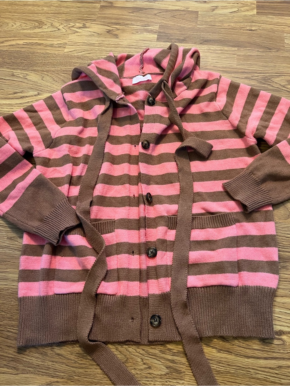Pink Lily Striped Hooded Button up Knit Cardigan in Pink and Brown